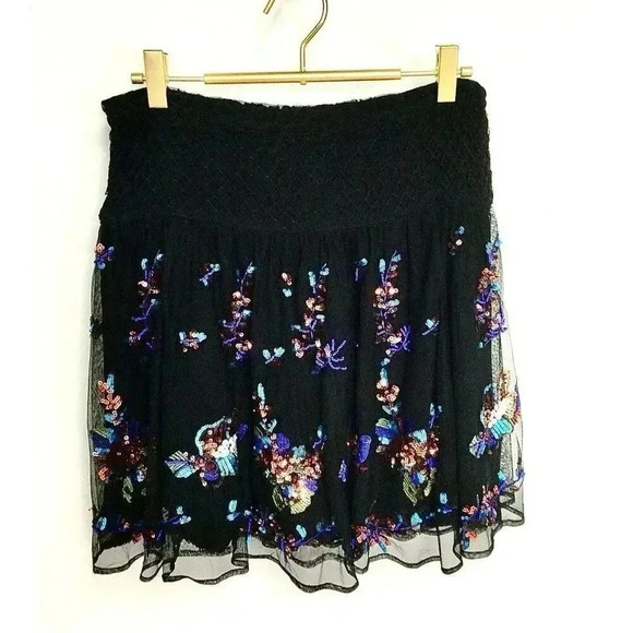 Anthropologie Womens Size XS Sequin Mini Skirt Black Tulle Embroidered Flowy - Picture 2 of 11